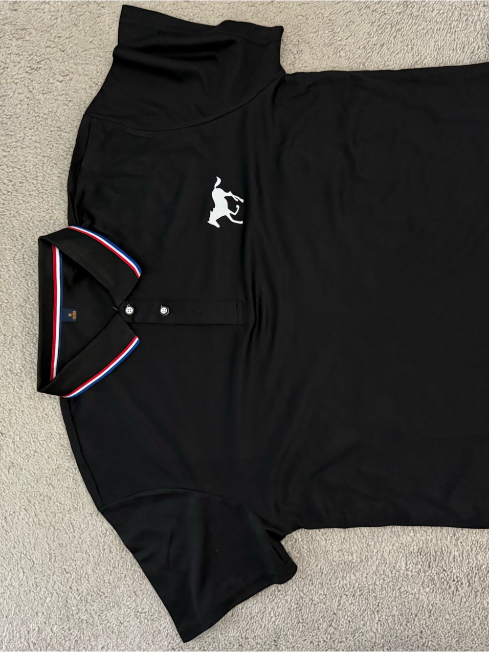Black Polo with Tricolor Contrast Trim and White Logo
